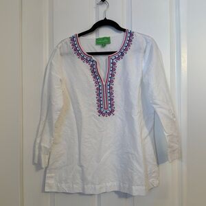 Pappagallo - White Linen Tunic with Blue and Pink Embroidery Top. Size M